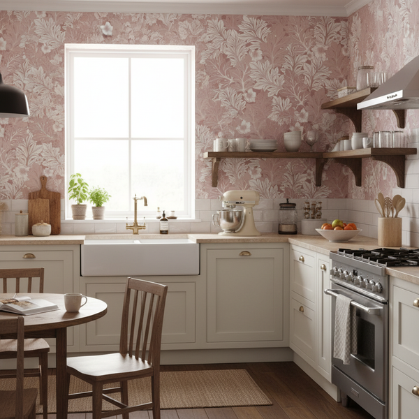 Lantligt kök med en ljusgrön revealtapet på väggen. 