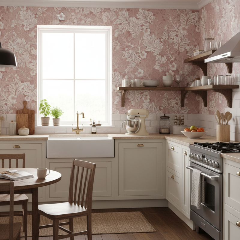 Lantligt kök med en ljusgrön revealtapet på väggen. 