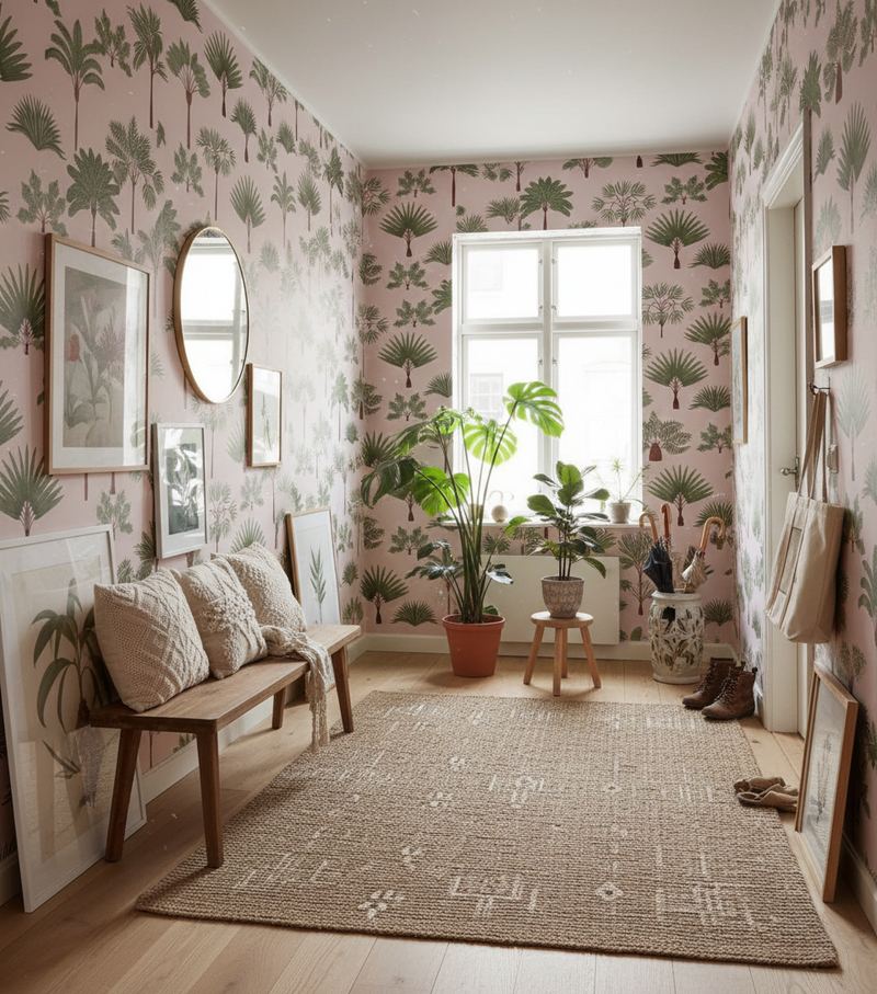 Hall med palmtapet