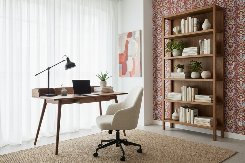 Kontorsmiljö med damastmönstrad tapet