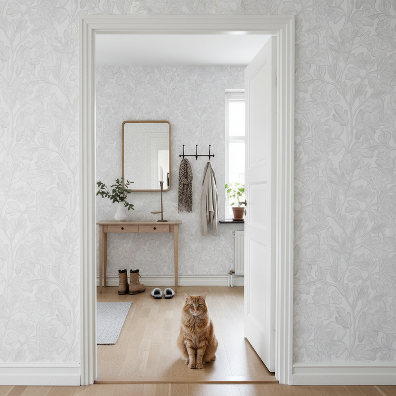 Lägenhetshall med Slinger-tapet och katt