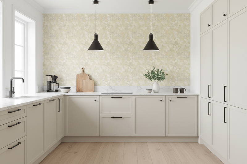 Ljust kök med svarta handtag och tapet