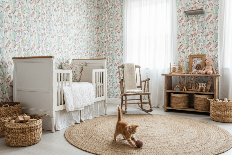 Rustikt barnrum med blommig tapet och lekande kattunge