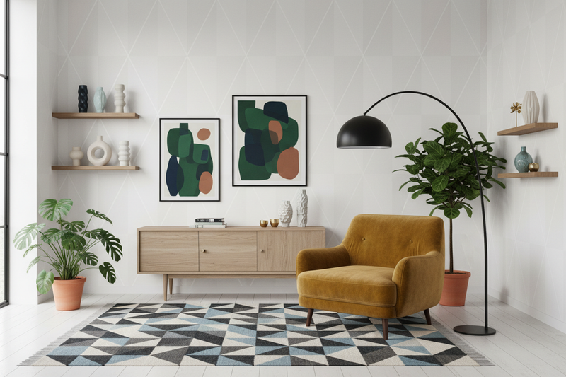 Stilfullt rum med distinkta detaljer och vit strukturtapet