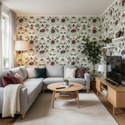 TV-rum med blommig tapet