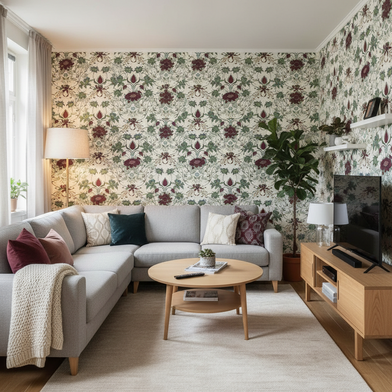 TV-rum med blommig tapet