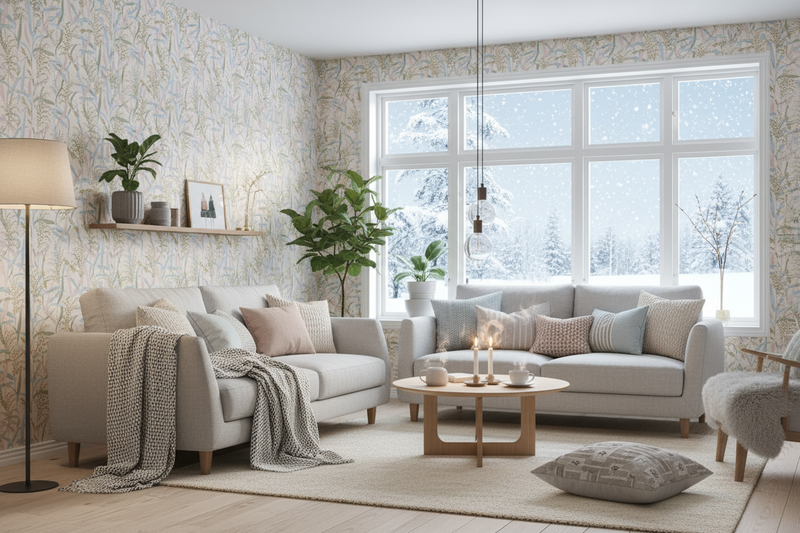 Vardagsrum med botanisk tapet och snö utanför