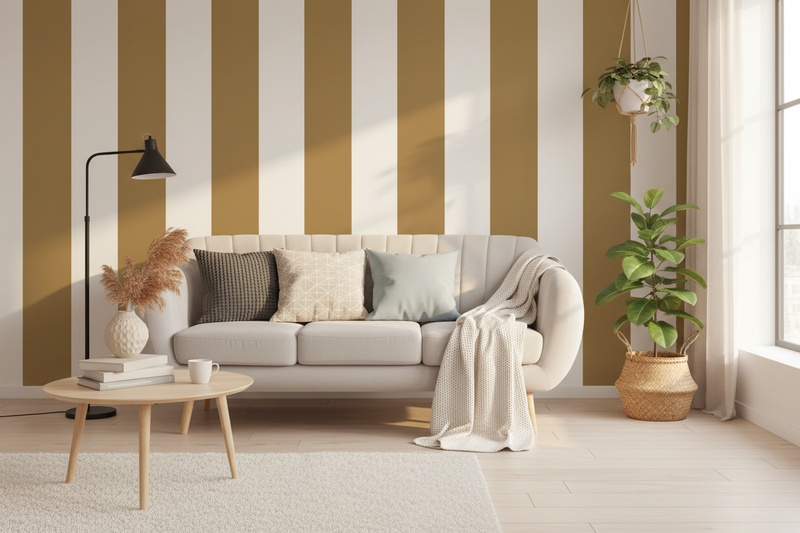 Vardagsrum med brun randig tapet