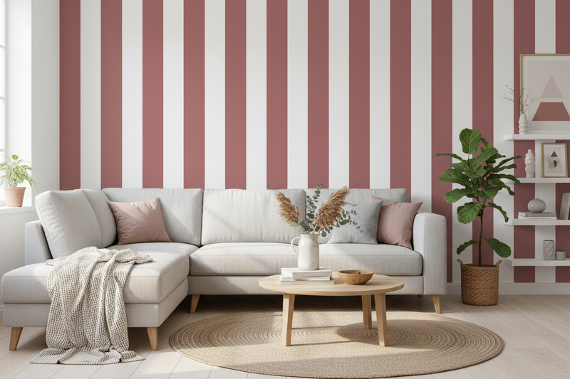 Vardagsrum med rosa randig tapet och kanna