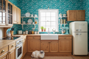 Vintage kök med turkos botanisk tapet och ragdoll-katt