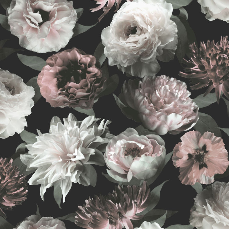 ESTAhome tapet blommor svart, vitt och milt rosa - Hemmavid.se